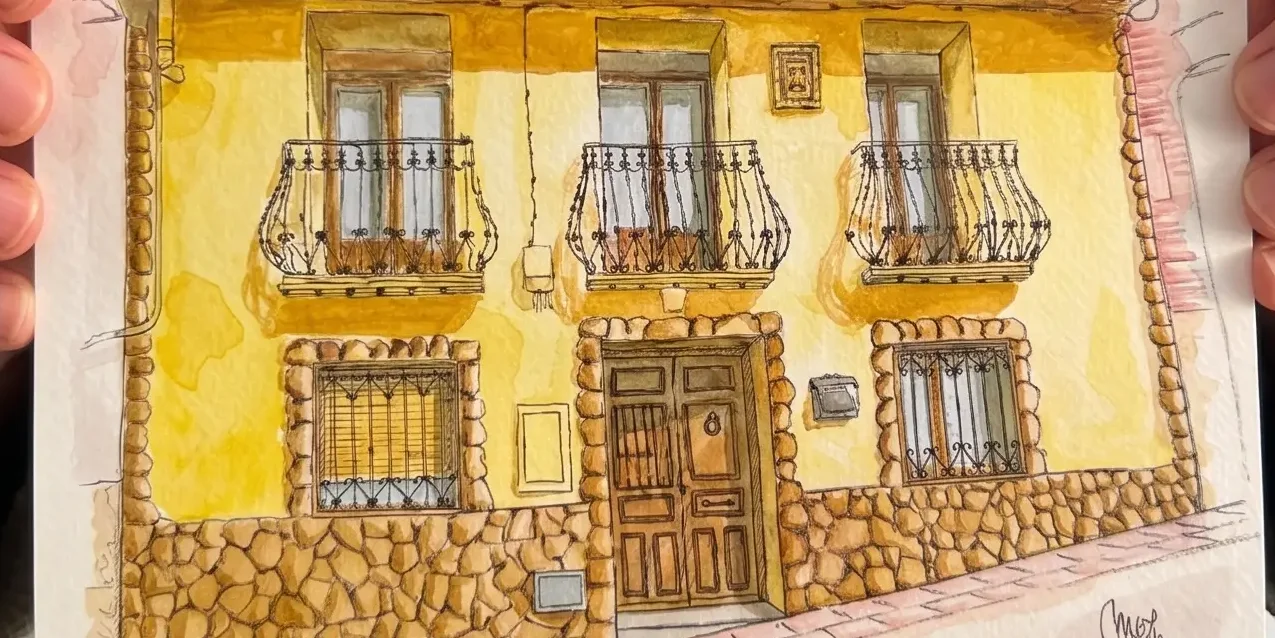 Acuarela line wash de la fachada de una casa de pueblo en Bienservida