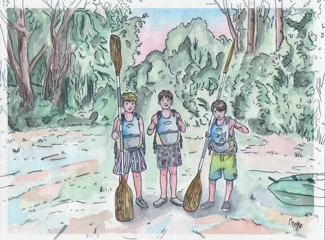 Ilustración infantil en acuarela pintada a mano, aventura de campamento