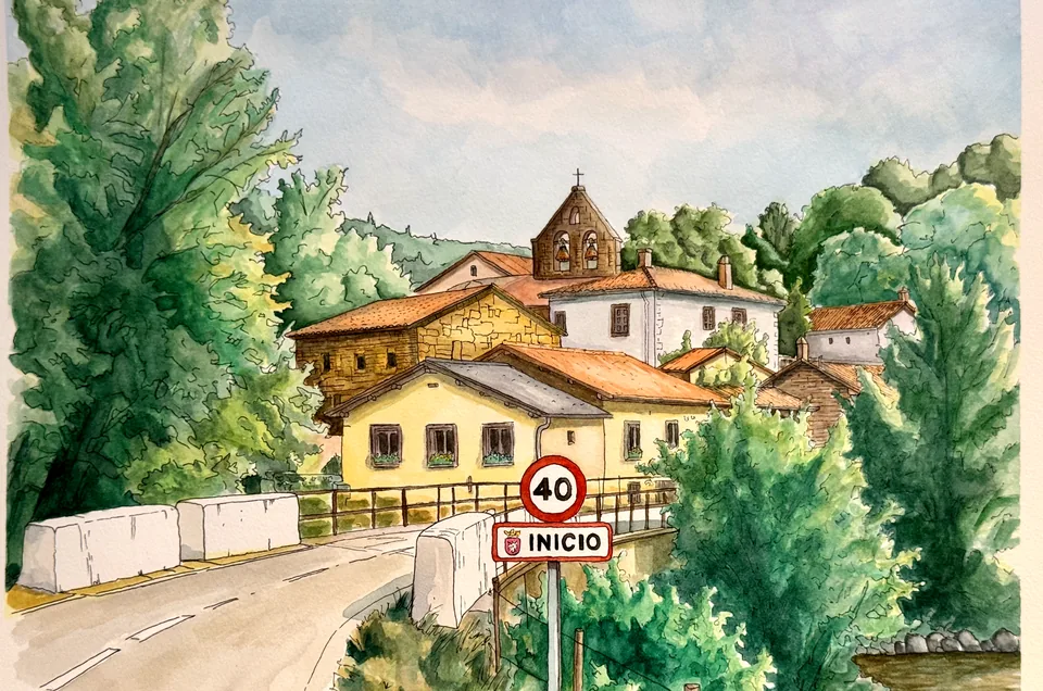 Acuarela de un pueblo con iglesia y la señal de entrada «Inicio»