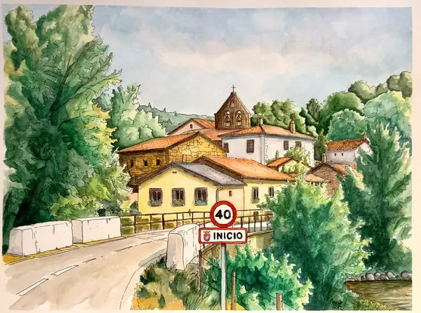 Acuarela line wash de un pueblo con su iglesia y la señal de entrada «Inicio», pintada a mano como regalo de cumpleaños