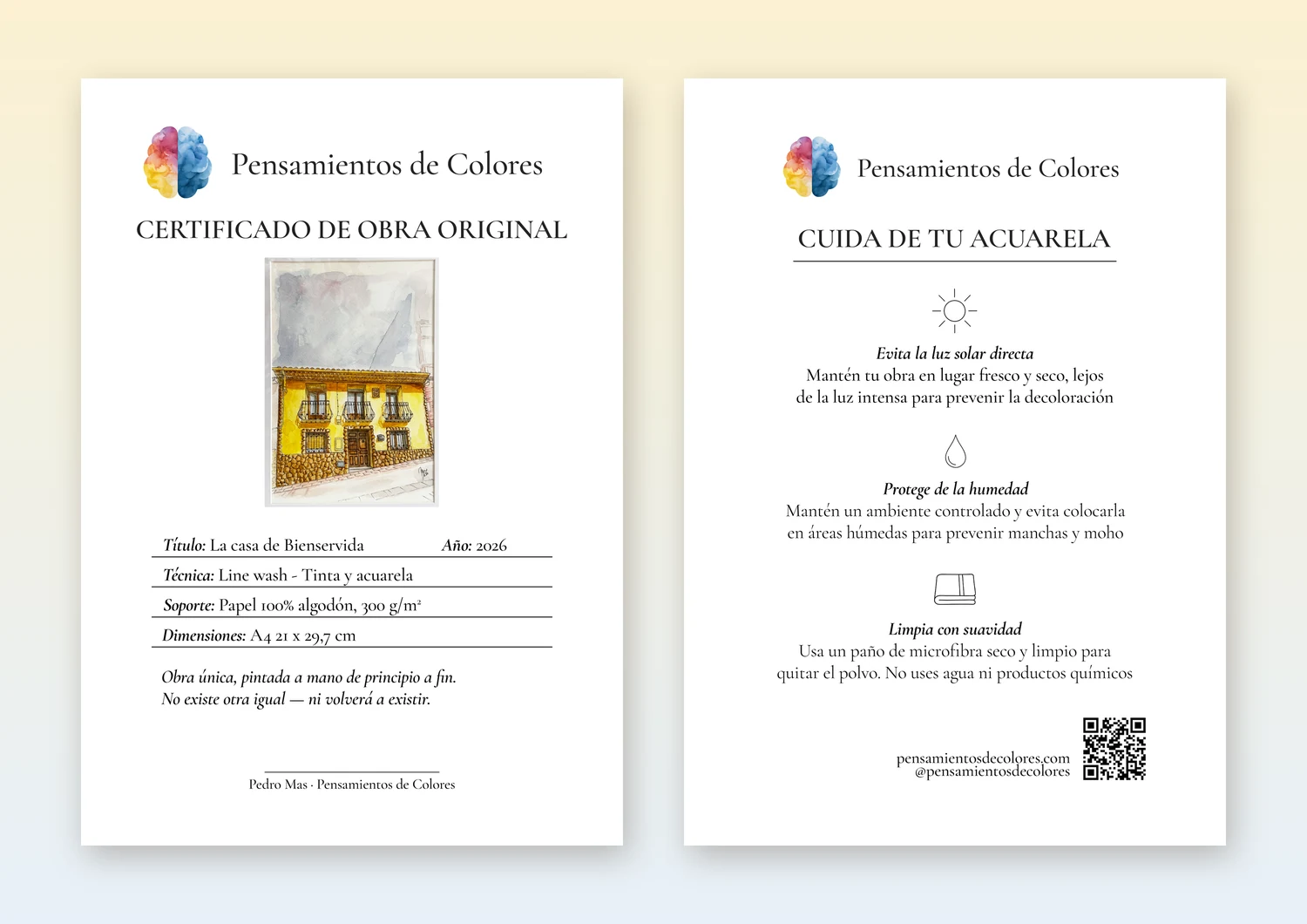Las dos caras del certificado de obra original: el anverso con el título, la técnica y las dimensiones escritos a mano, y el reverso con las indicaciones de conservación