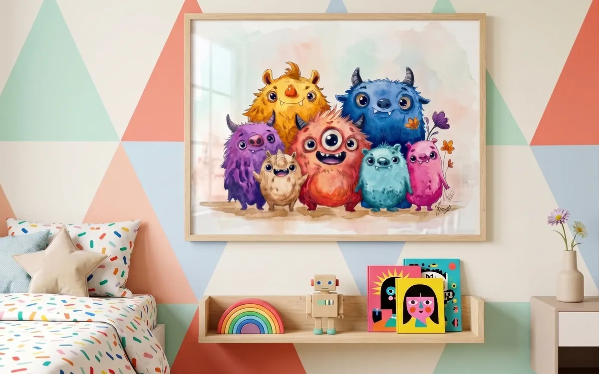 Ilustración infantil personalizada en acuarela con personajes y monstruos