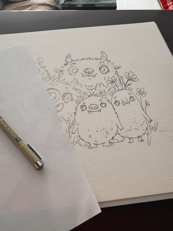 Perfilado a lápiz y tinta de la ilustración infantil de monstruos