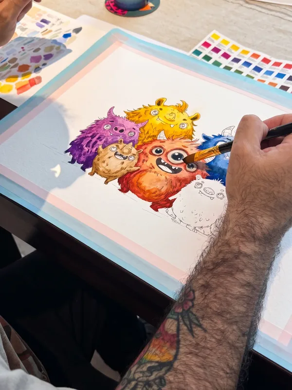 Primeras capas de acuarela de la ilustración infantil de monstruos