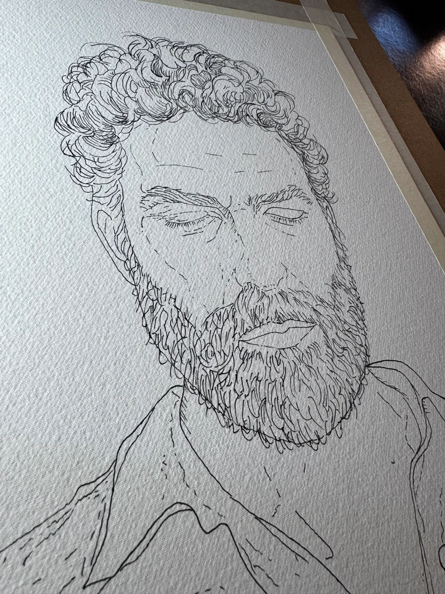 Boceto en tinta del retrato de Jero Romero, técnica line wash, antes de aplicar el color