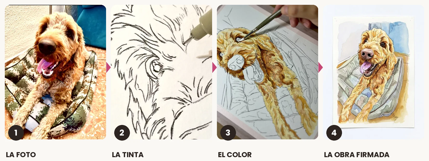 Proceso en cuatro pasos del retrato de Sheldon: la foto de referencia, el trazo de tinta, el color y la obra terminada y firmada