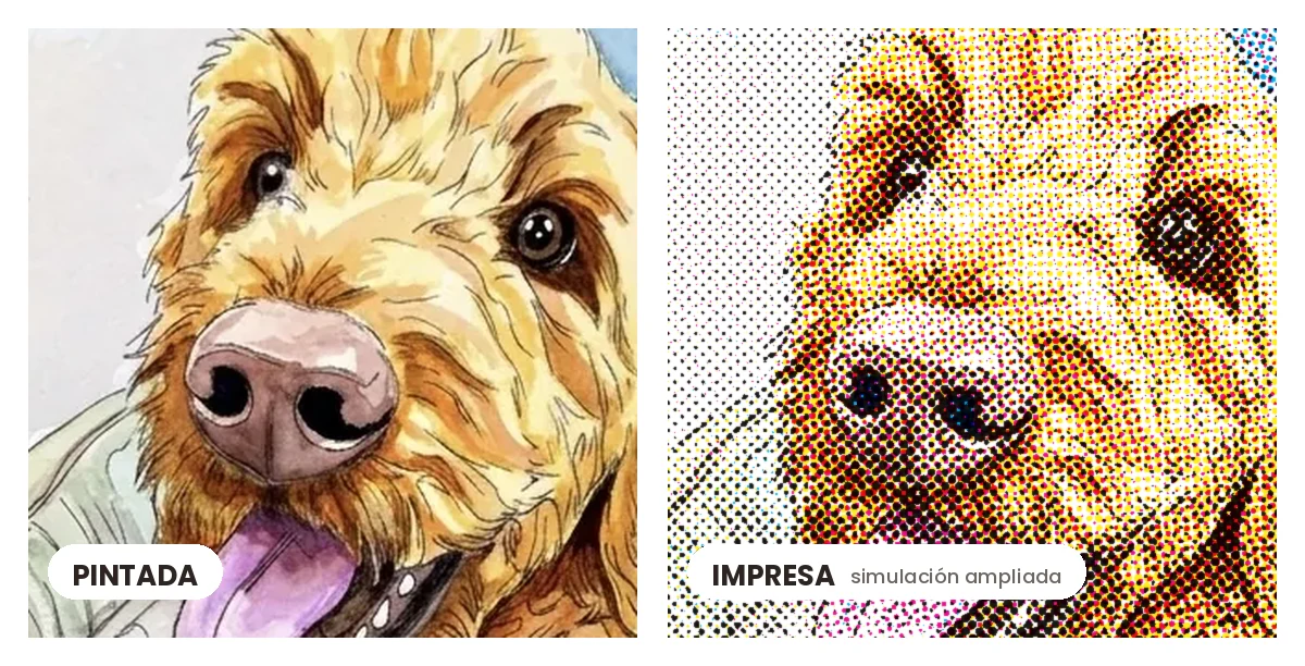 Comparación del mismo detalle del retrato de Sheldon: a la izquierda pintado a mano con pigmento sobre papel, a la derecha una simulación ampliada de impresión con trama de puntos