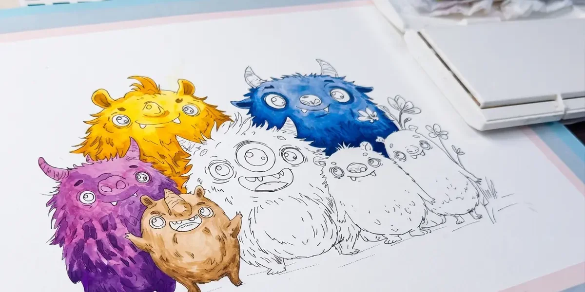 Proceso de la técnica line wash: ilustraciones a tinta y acuarela en distintas fases