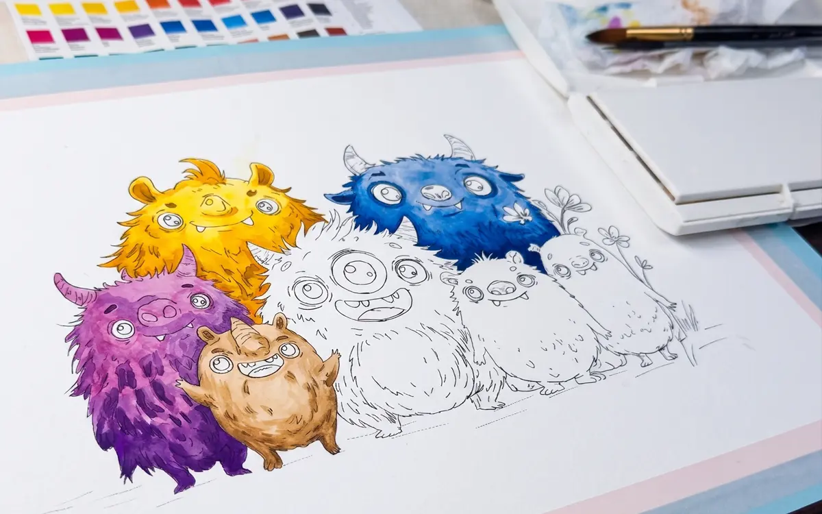 Watercolor painting process, first ink line