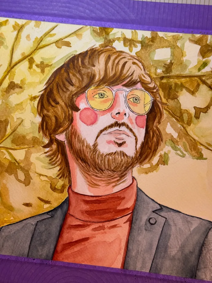 Portrait with ink line and watercolor applied in layers, line wash technique