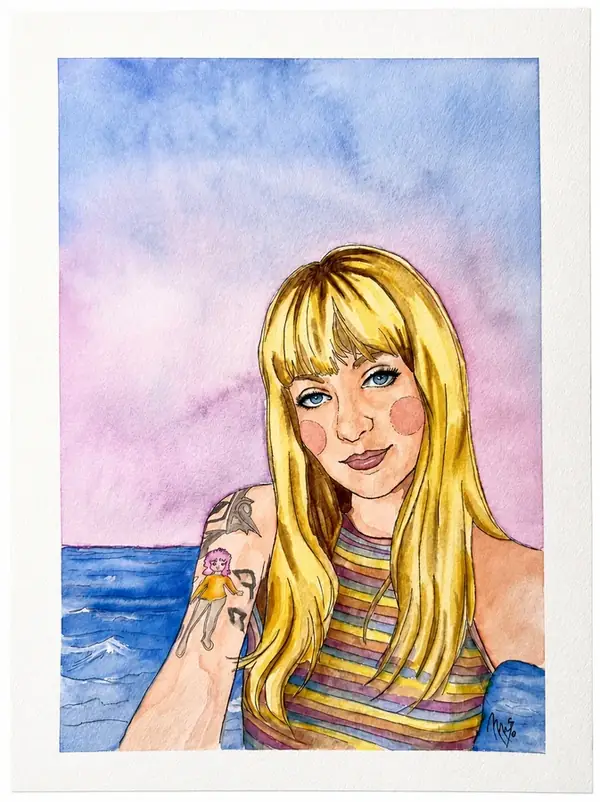 Retrato en acuarela de Mery pintado a mano con técnica line wash