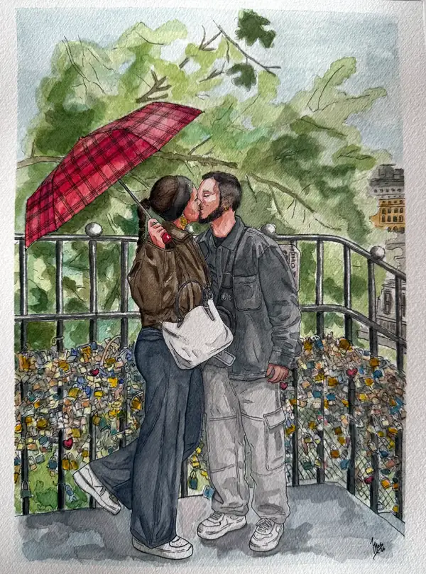 Retrato en acuarela de una pareja besándose bajo un paraguas rojo de cuadros, pintado a mano