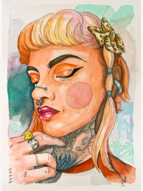 Retrato en acuarela de Pepitagrilla pintado a mano por encargo, técnica line wash