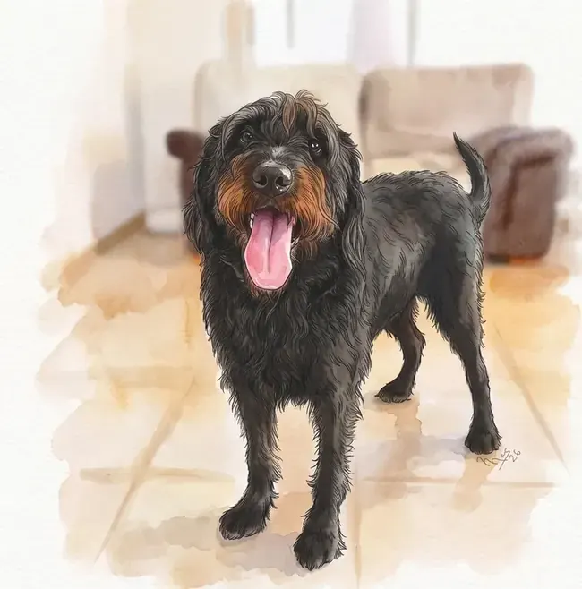 Retrato de mascota en acuarela pintado a mano, perro con técnica line wash