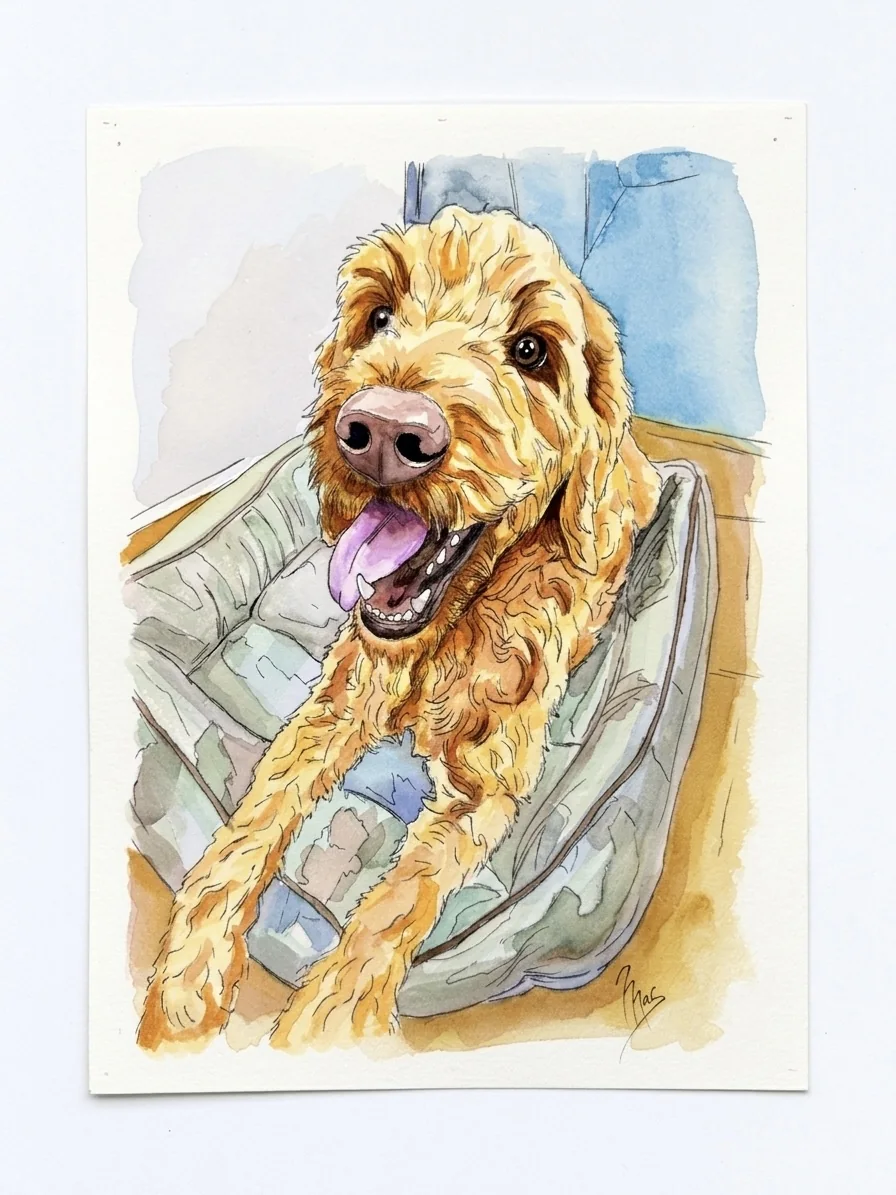 Retrato de mascota en acuarela, perro Sheldon