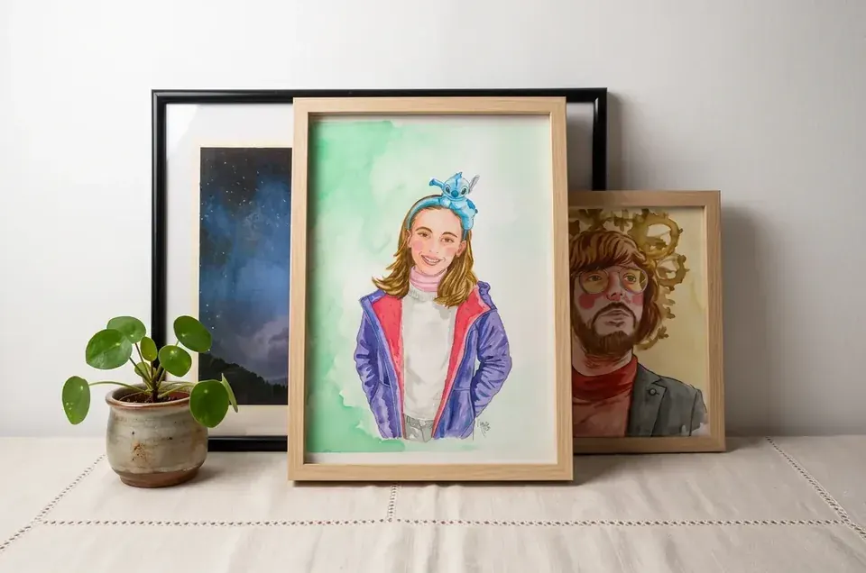 Retrato en acuarela personalizada enmarcado, ejemplo de encargo terminado