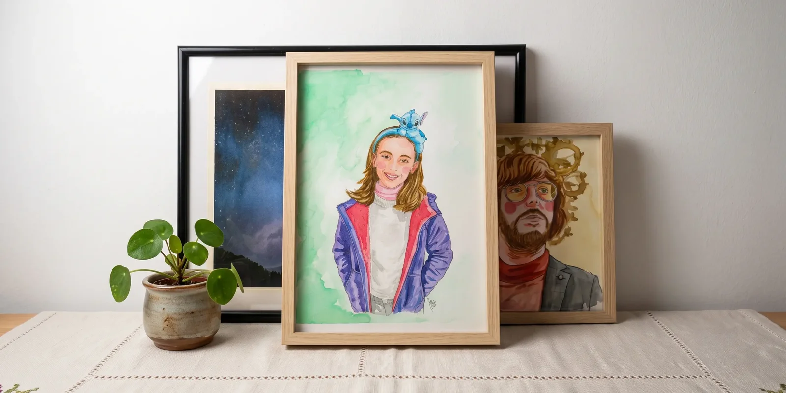 Retrato en acuarela personalizada de Noa, enmarcado, ejemplo de encargo terminado