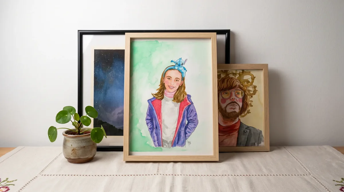 Custom watercolor portraits, line wash technique, framed and displayed on a table