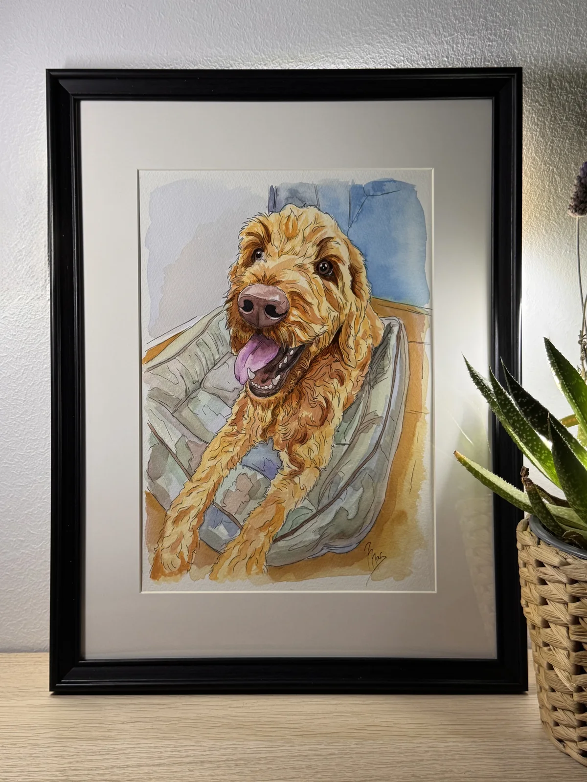 Retrato de mascota terminado y enmarcado