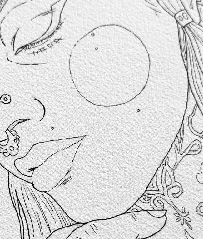 Detalle a tamaño real del dibujo a tinta sobre papel de acuarela: se ve el grano del papel bajo cada línea